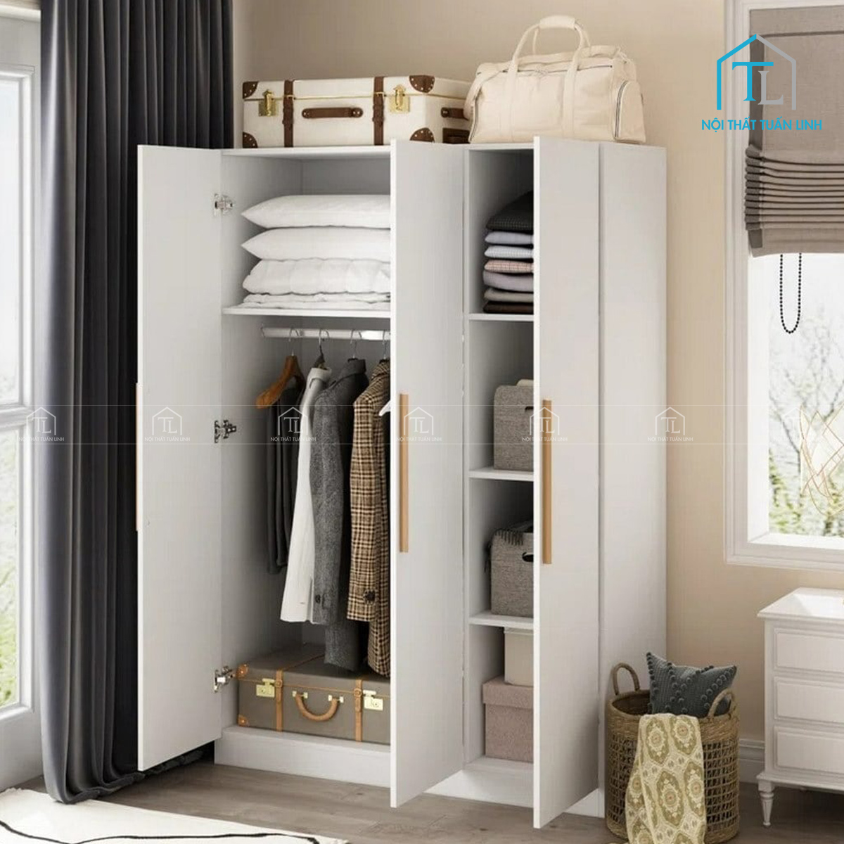 Tủ quần áo MDF 3 cánh màu trắng sơn, có kệ & thanh treo