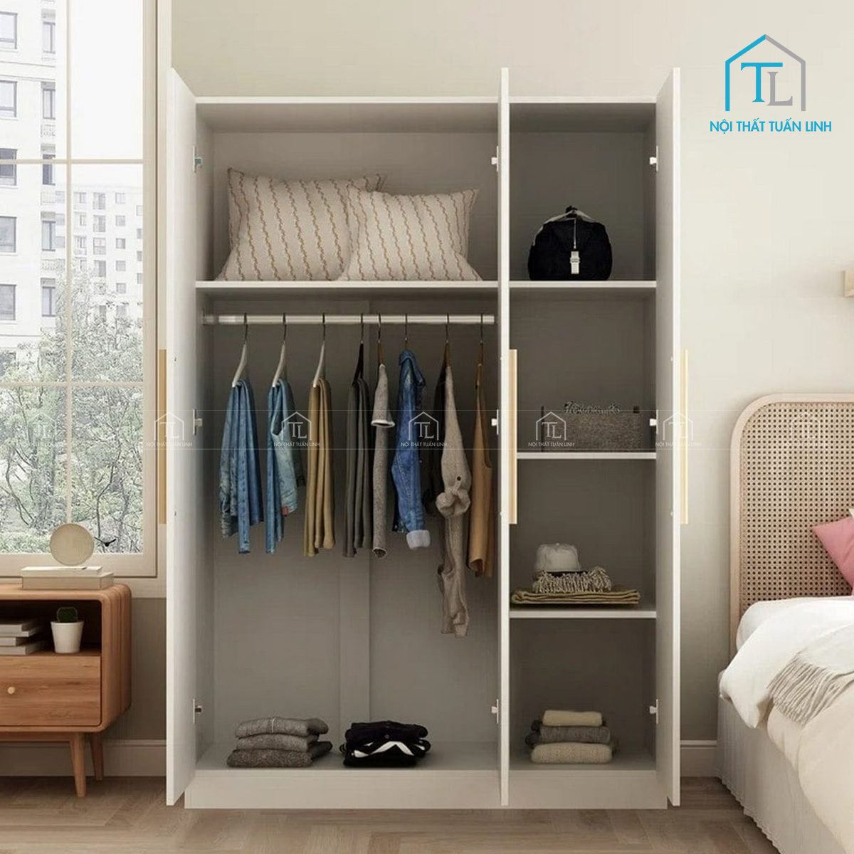 Tủ quần áo MDF 3 cánh màu trắng sơn, có kệ & thanh treo