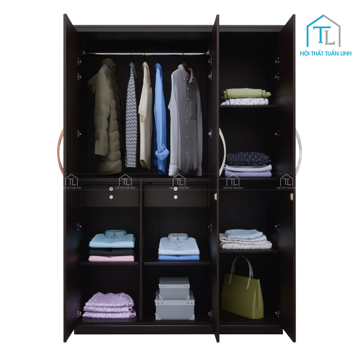 Tủ quần áo MDF 3 cánh màu walnut sơn pu, phong cách hiện đại