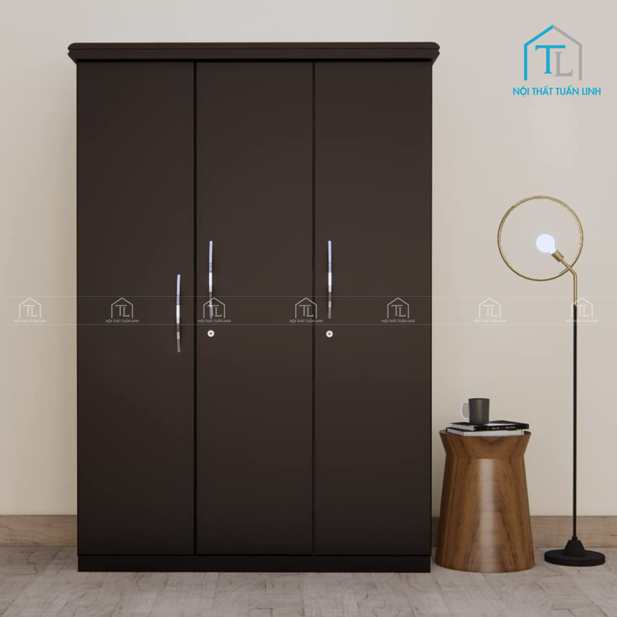 Tủ quần áo MDF 3 cánh màu walnut sơn pu, phong cách hiện đại