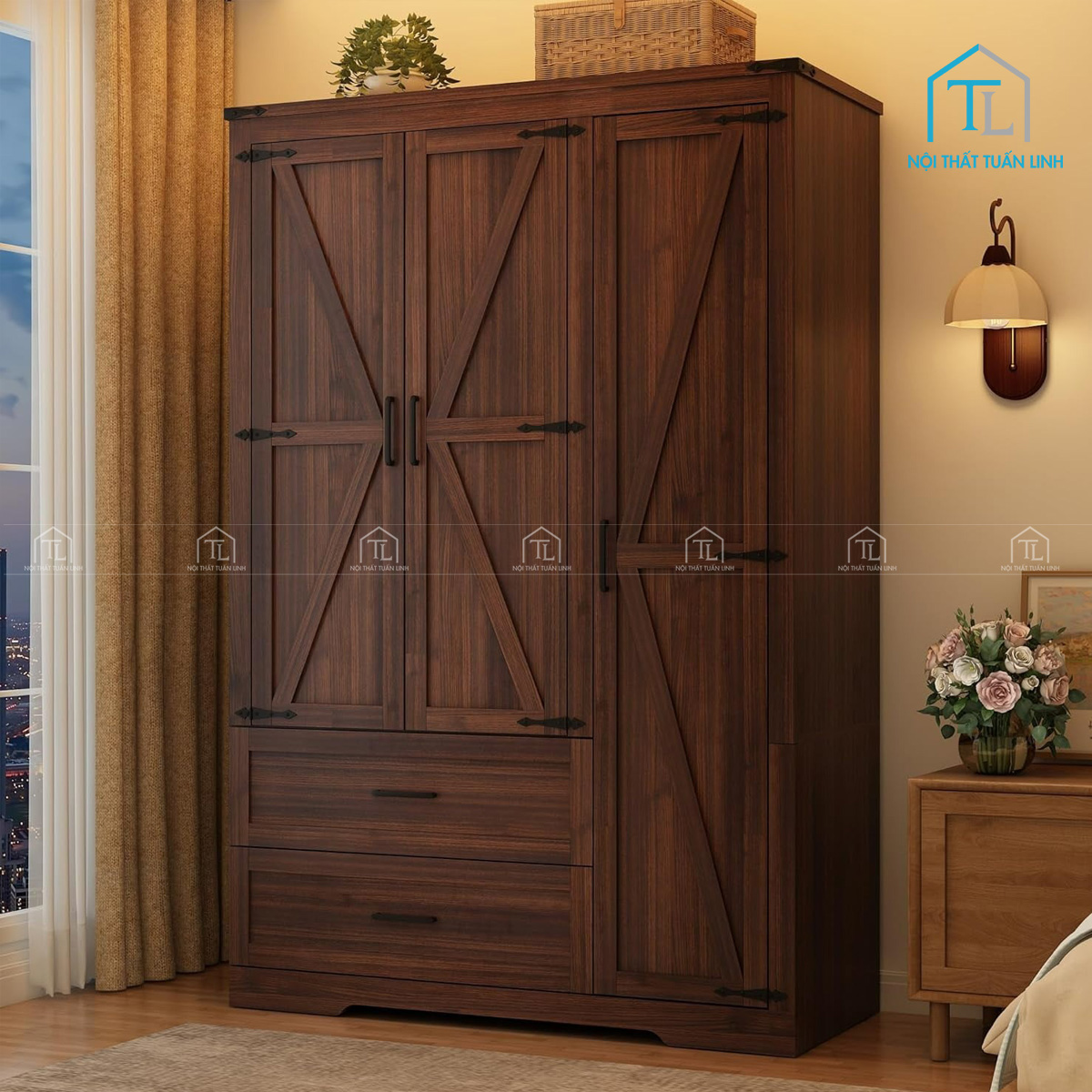 Tủ quần áo MDF 3 cánh phong cách mộc mạc, có ngăn kéo & thanh treo