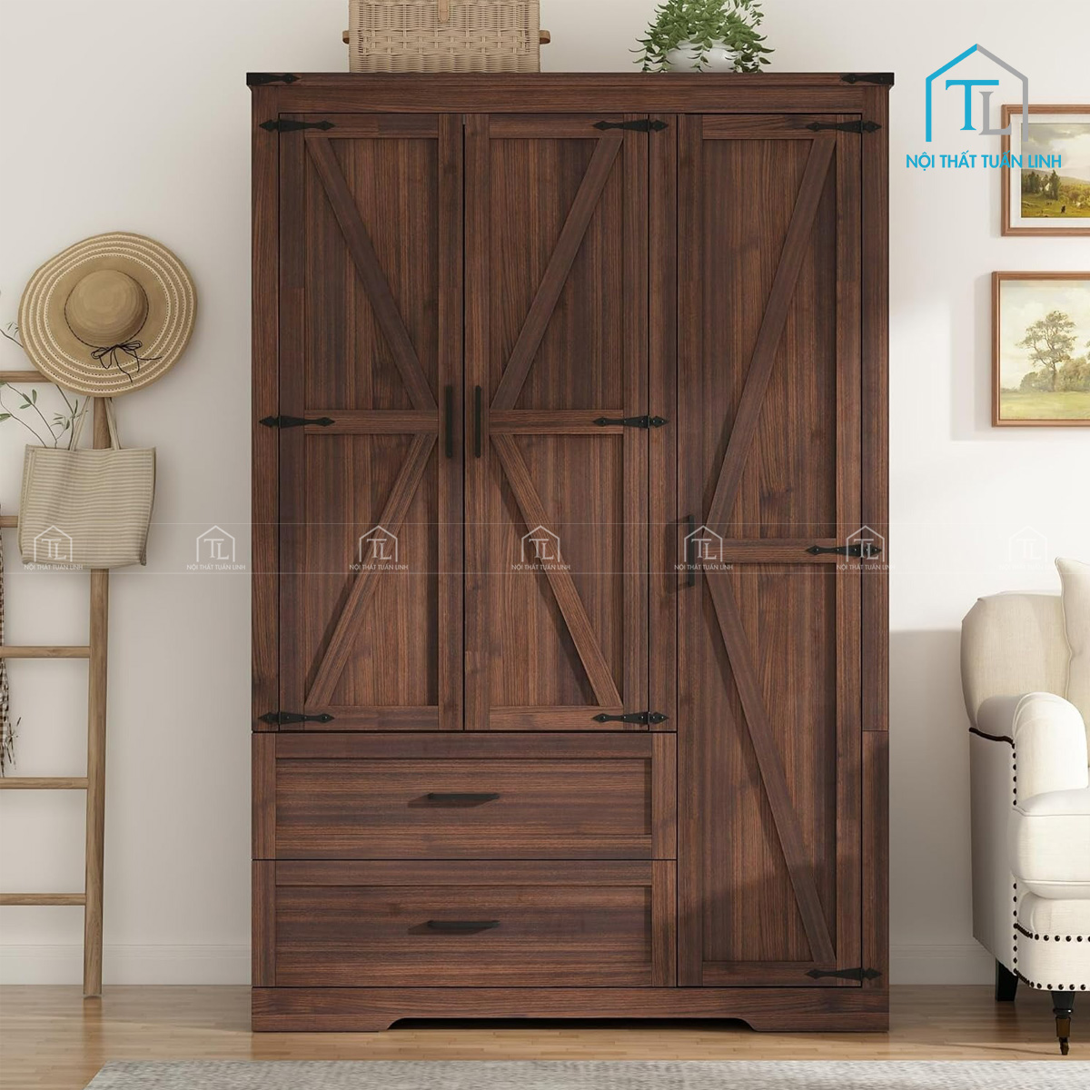 Tủ quần áo MDF 3 cánh phong cách mộc mạc, có ngăn kéo & thanh treo