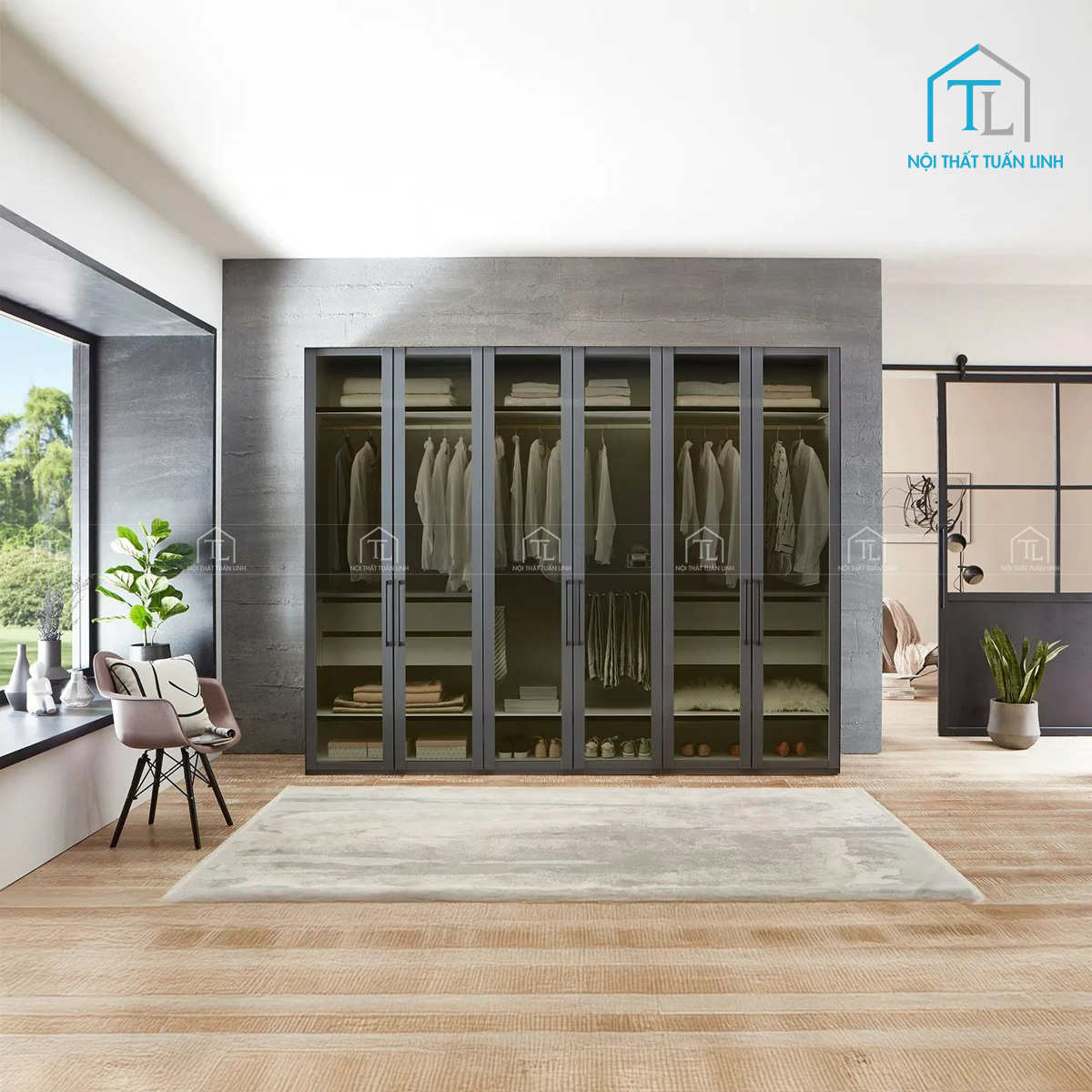 Tủ quần áo MDF 6 cánh kính thiết kế hiện đại cao cấp