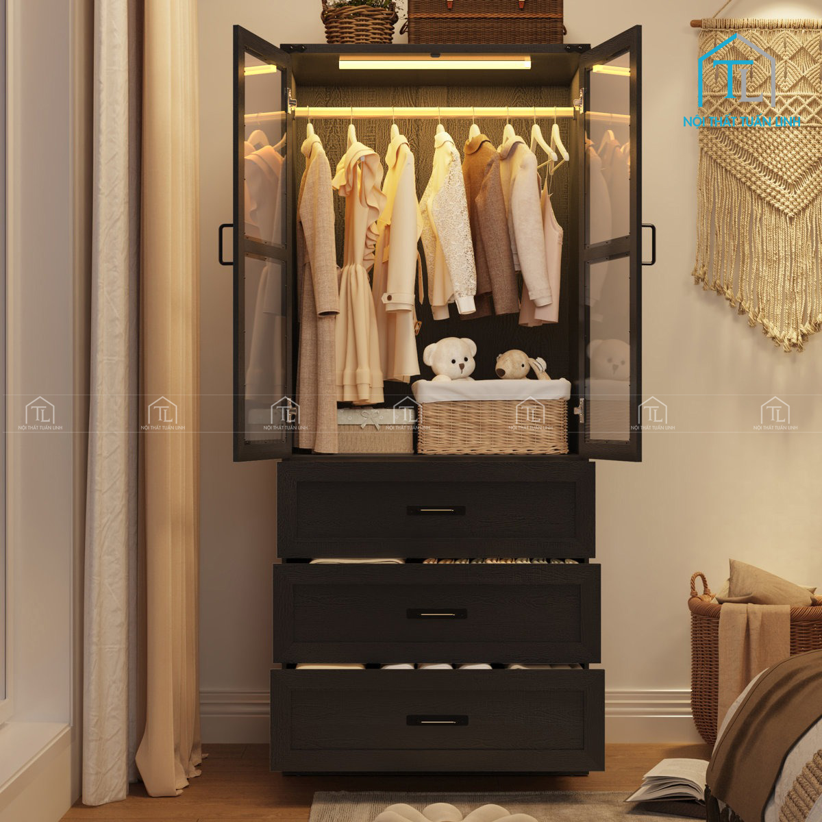 Tủ quần áo MDF cánh kính 2 cánh kèm ngăn kéo và đèn led