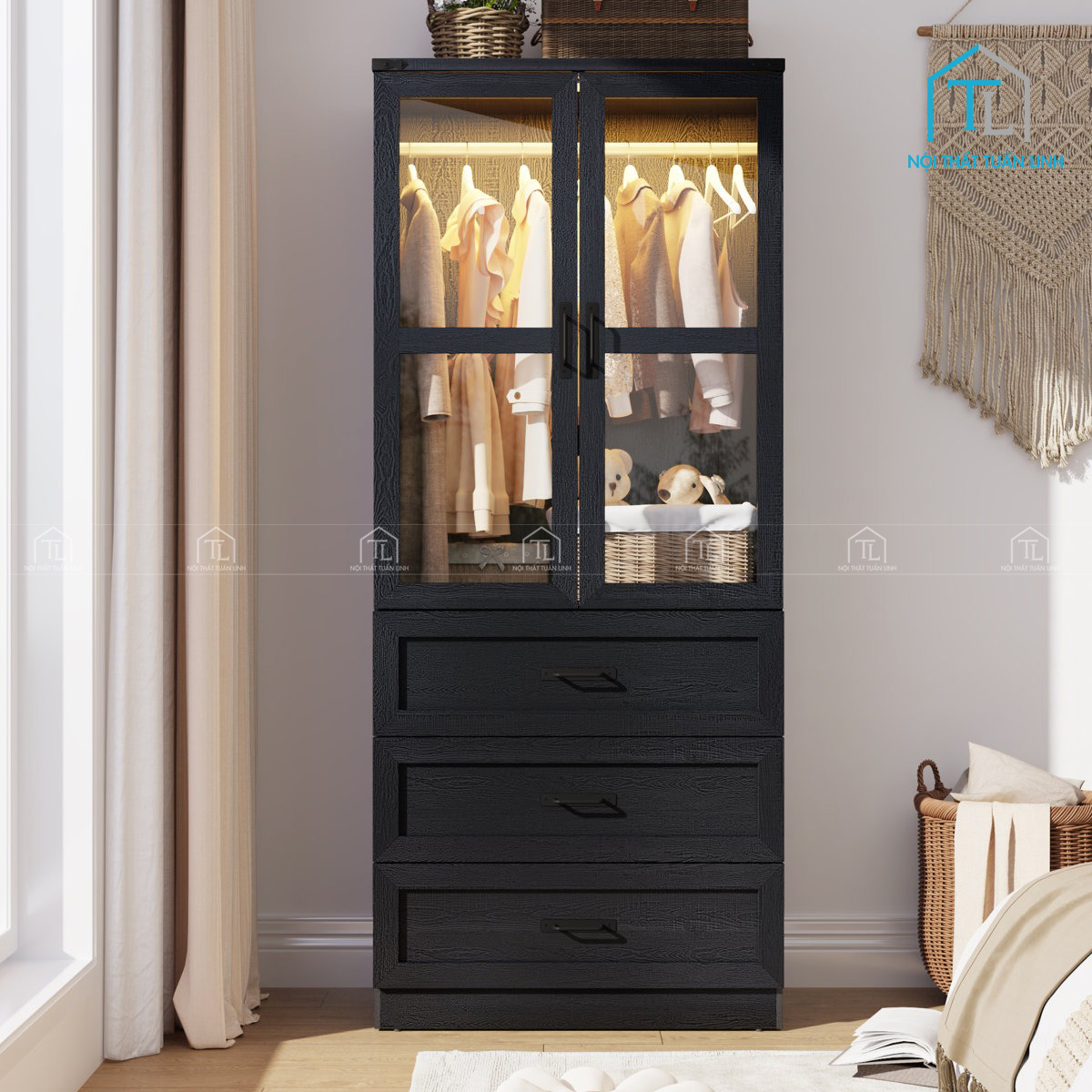 Tủ quần áo MDF cánh kính 2 cánh kèm ngăn kéo và đèn led