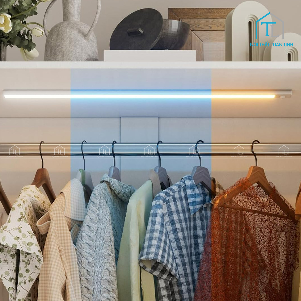 Tủ quần áo MDF cánh kính 2 cánh kèm ngăn kéo và đèn led