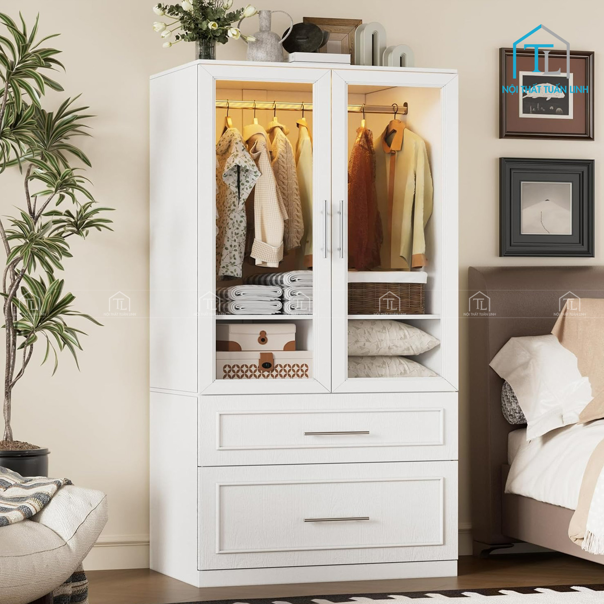 Tủ quần áo MDF cánh kính 2 cánh kèm ngăn kéo và đèn led