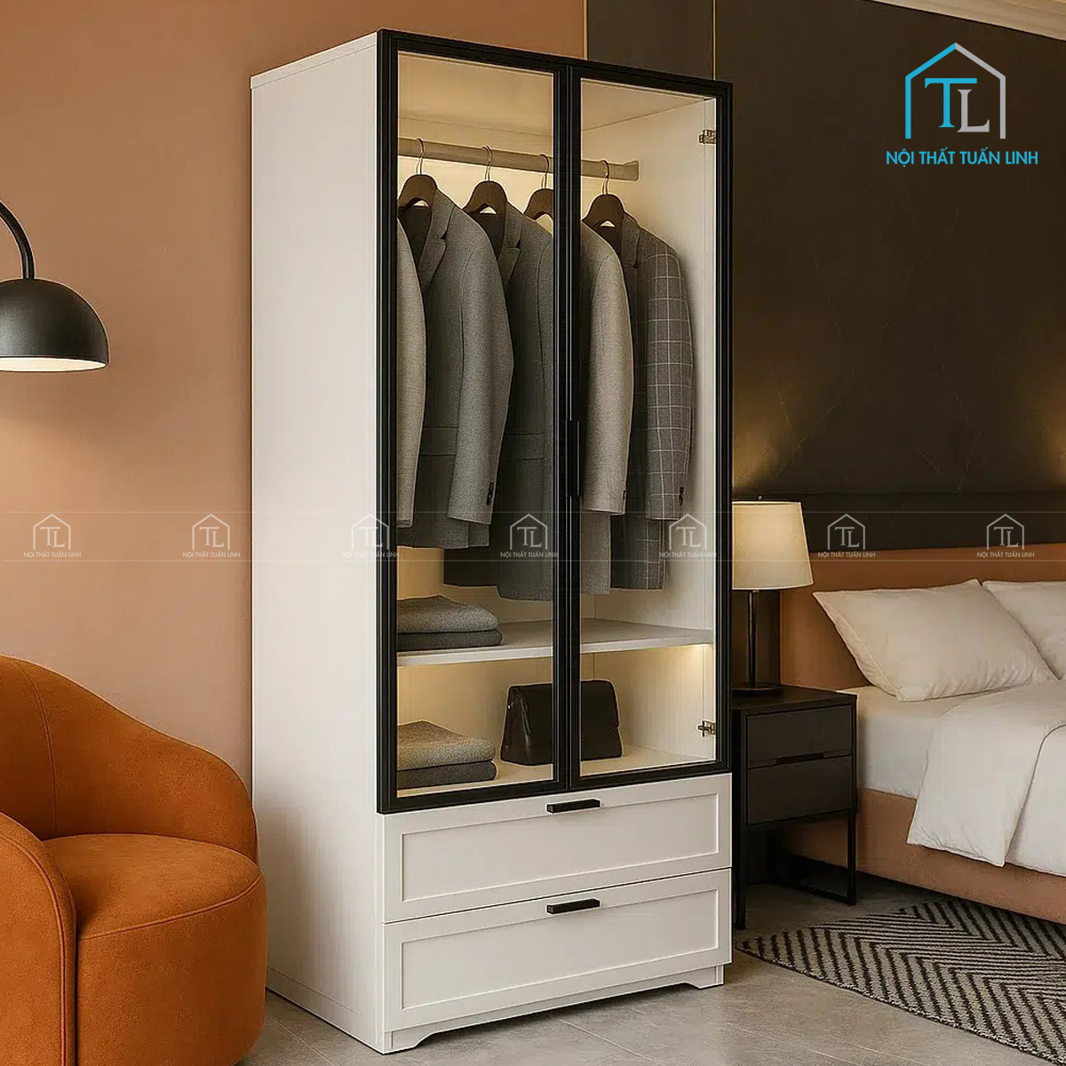 Tủ quần áo MDF cánh kính hiện đại tích hợp đèn LED