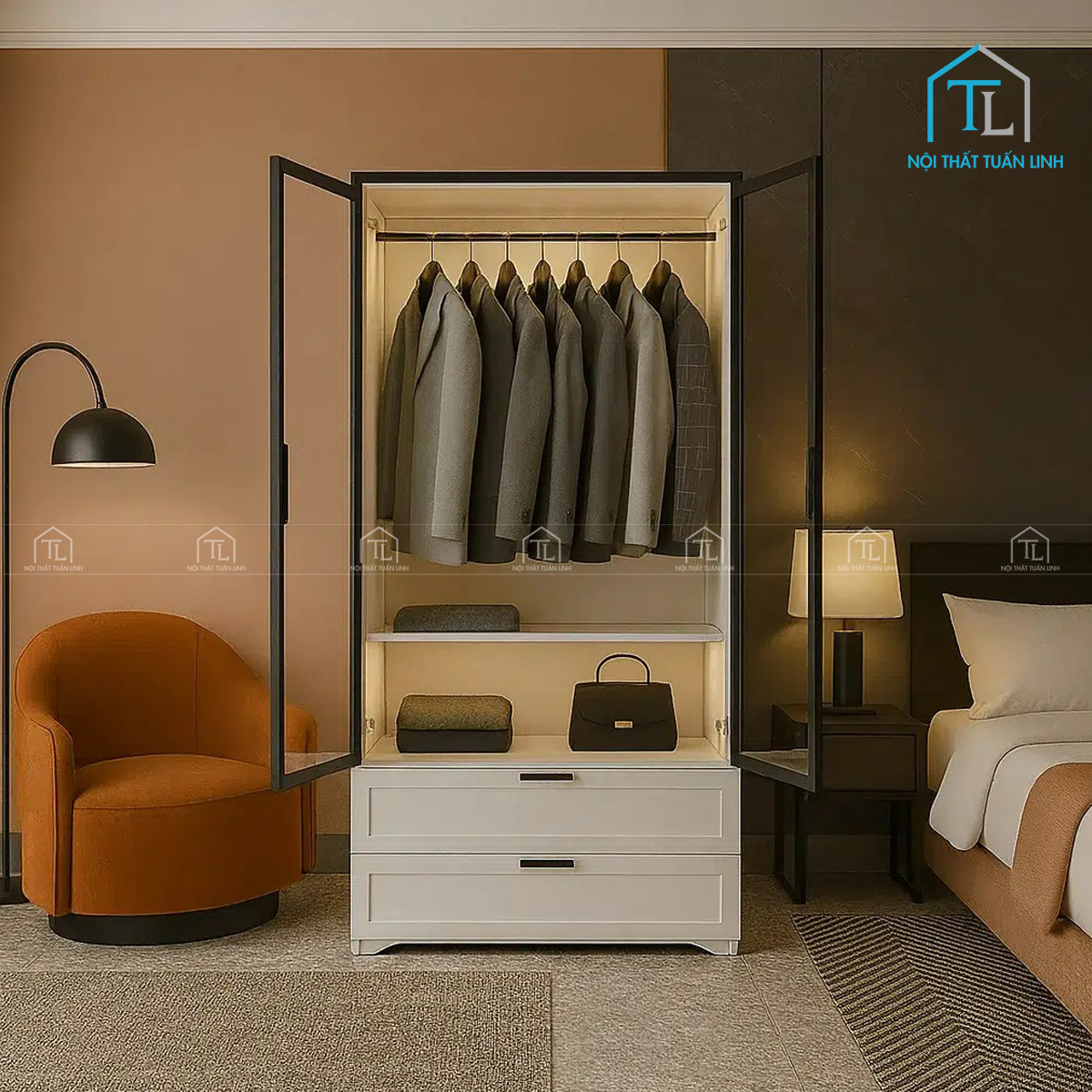 Tủ quần áo MDF cánh kính hiện đại tích hợp đèn LED