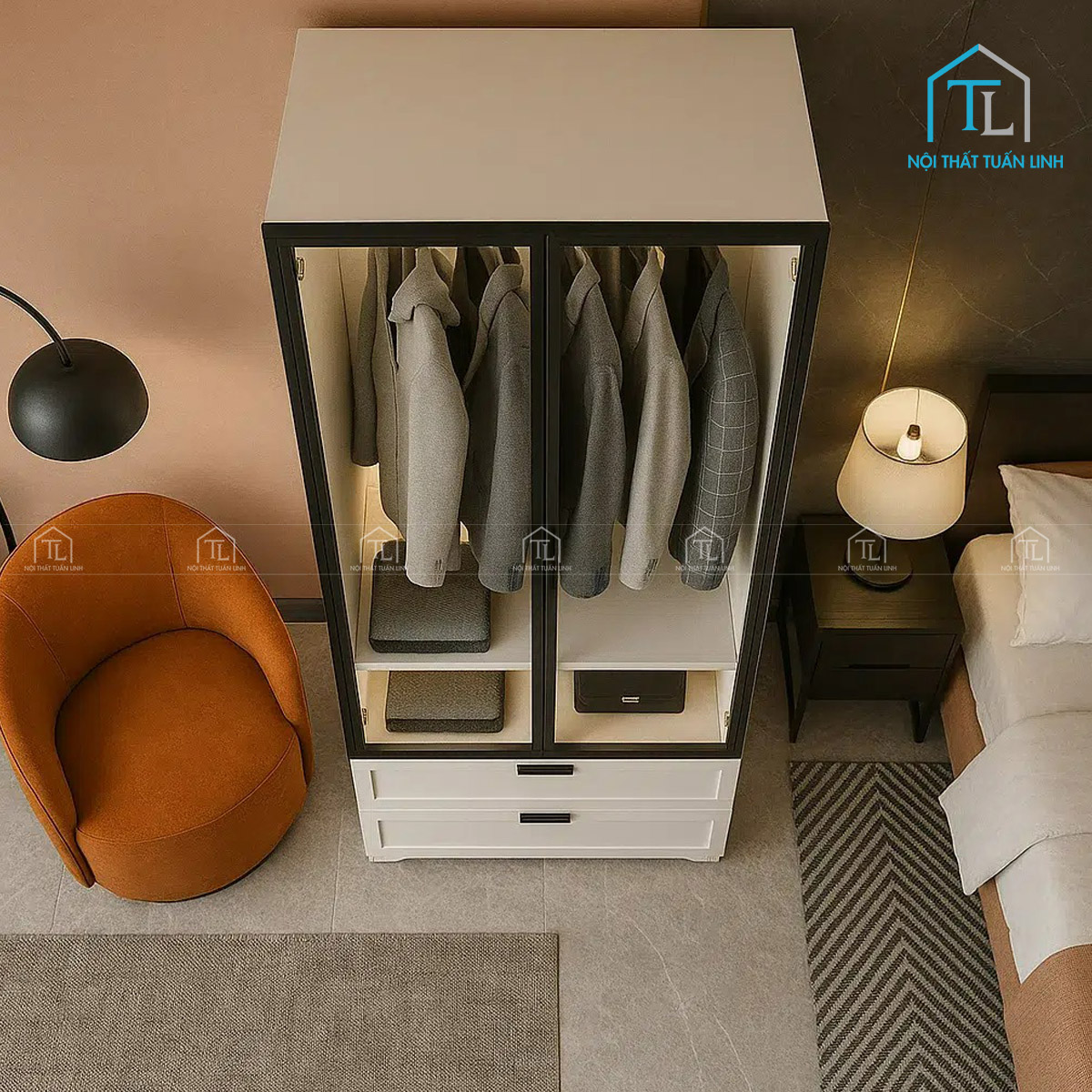 Tủ quần áo MDF cánh kính hiện đại tích hợp đèn LED