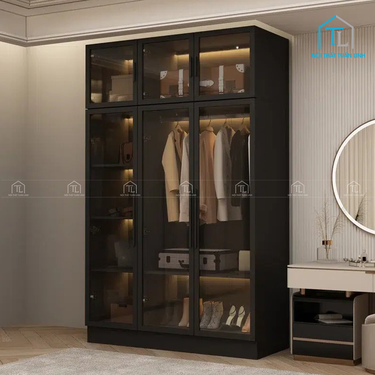 Tủ quần áo MDF cánh kính thiết kế hiện đại, tích hợp đèn led