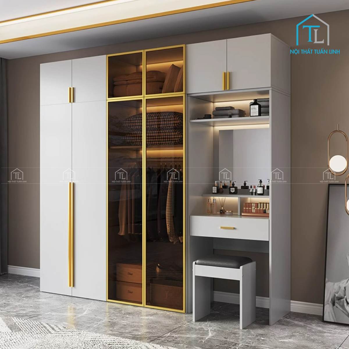 Tủ quần áo MDF kết hợp bàn trang điểm cánh kính, bản rộng