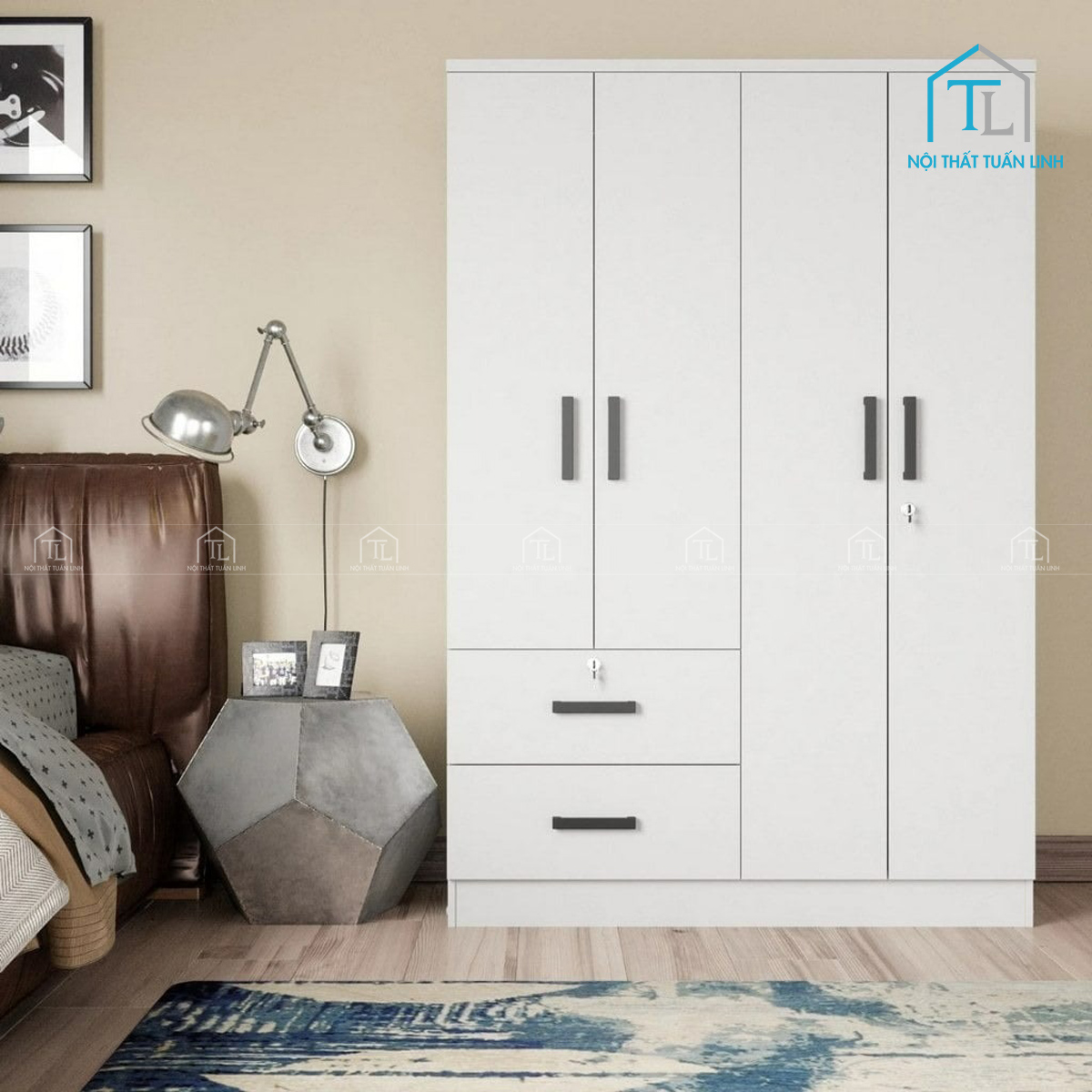 Tủ quần áo MDF màu trắng, thiết kế tiện lợi nhiều ngăn
