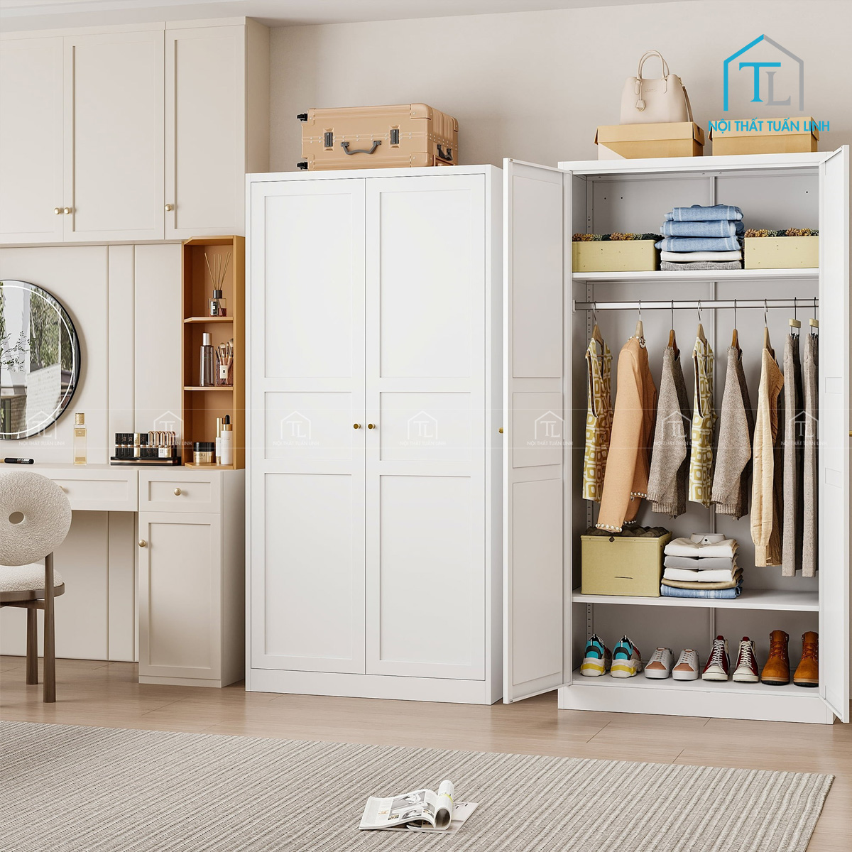Tủ quần áo MDF sơn trắng 2 cánh – tích hợp thanh treo & kệ đa năng