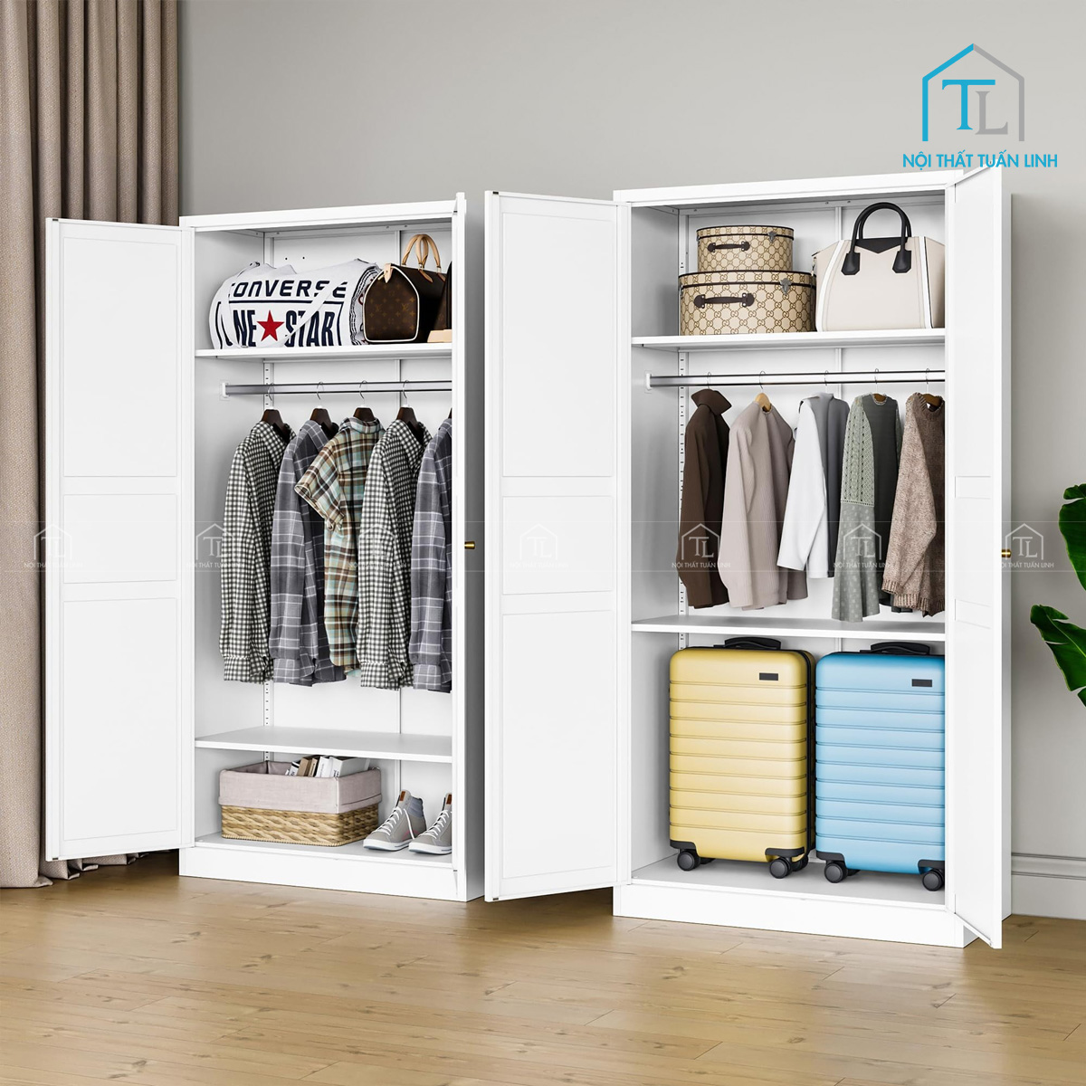 Tủ quần áo MDF sơn trắng 2 cánh – tích hợp thanh treo & kệ đa năng