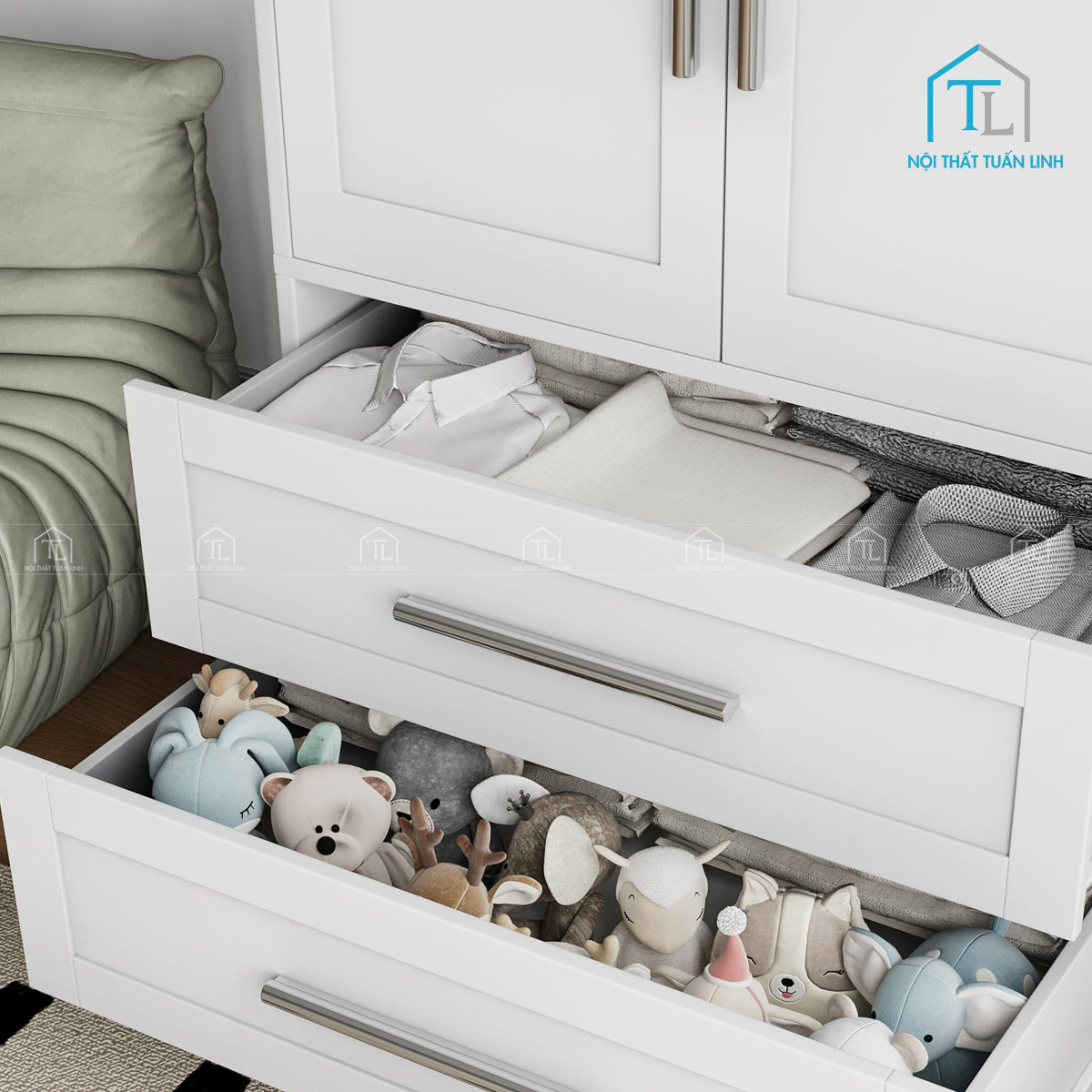 Tủ quần áo MDF trắng hiện đại 2 cánh có ngăn kéo