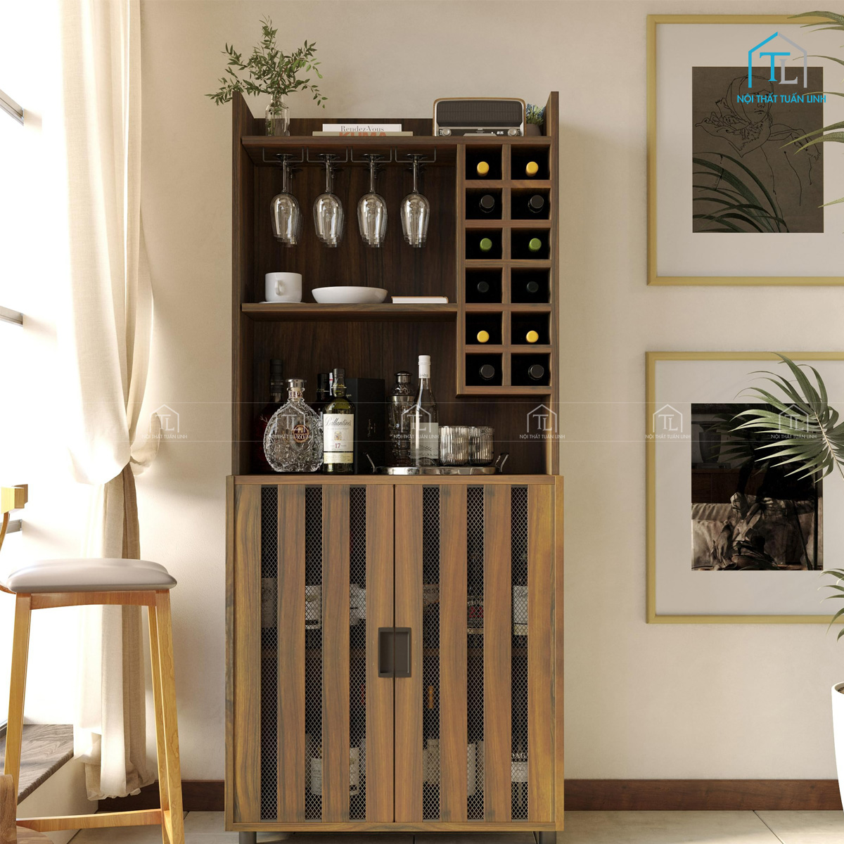 Tủ rượu gỗ có giá đỡ ly tiện dụng và sang trọng