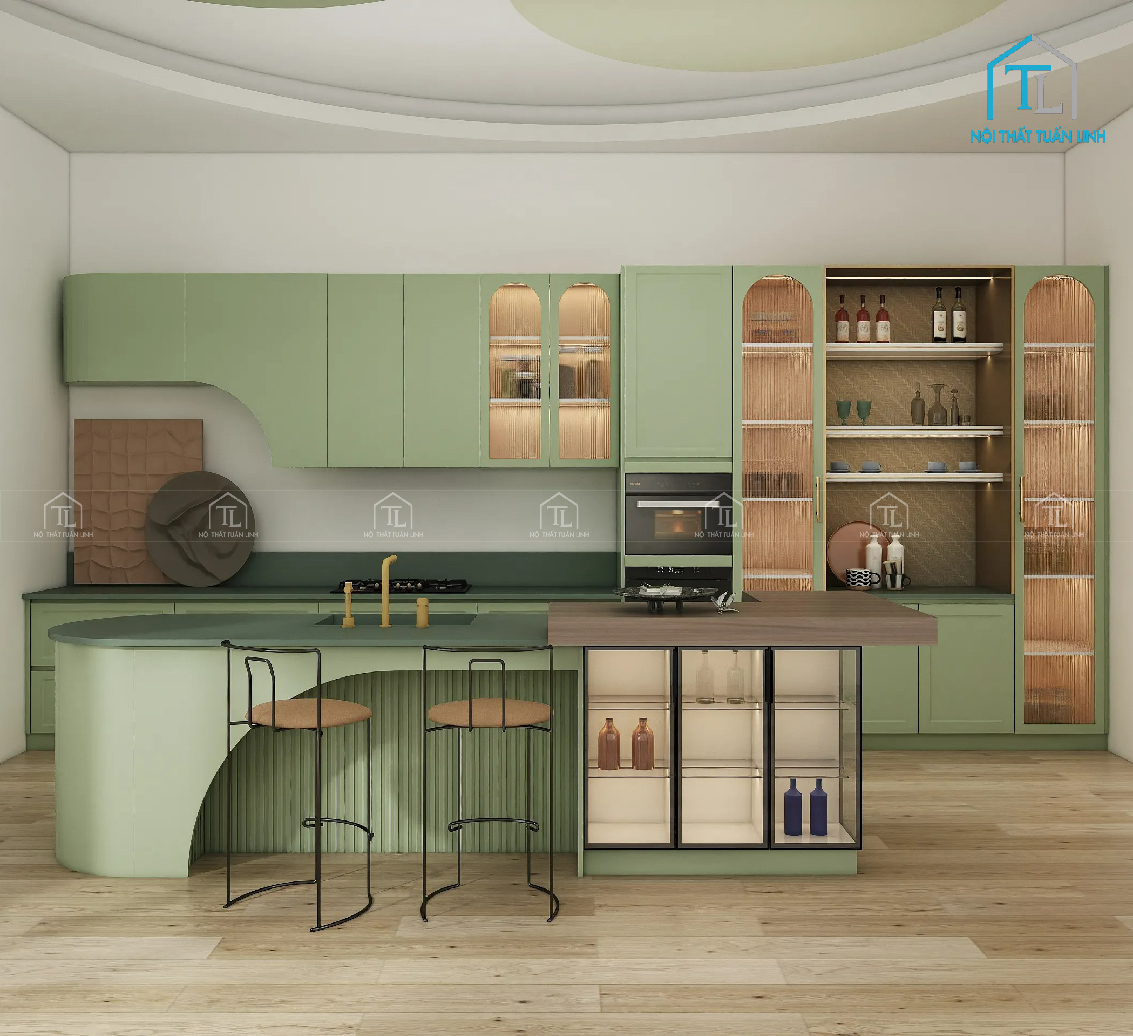 Tủ bếp MDF màu xanh tinh tế