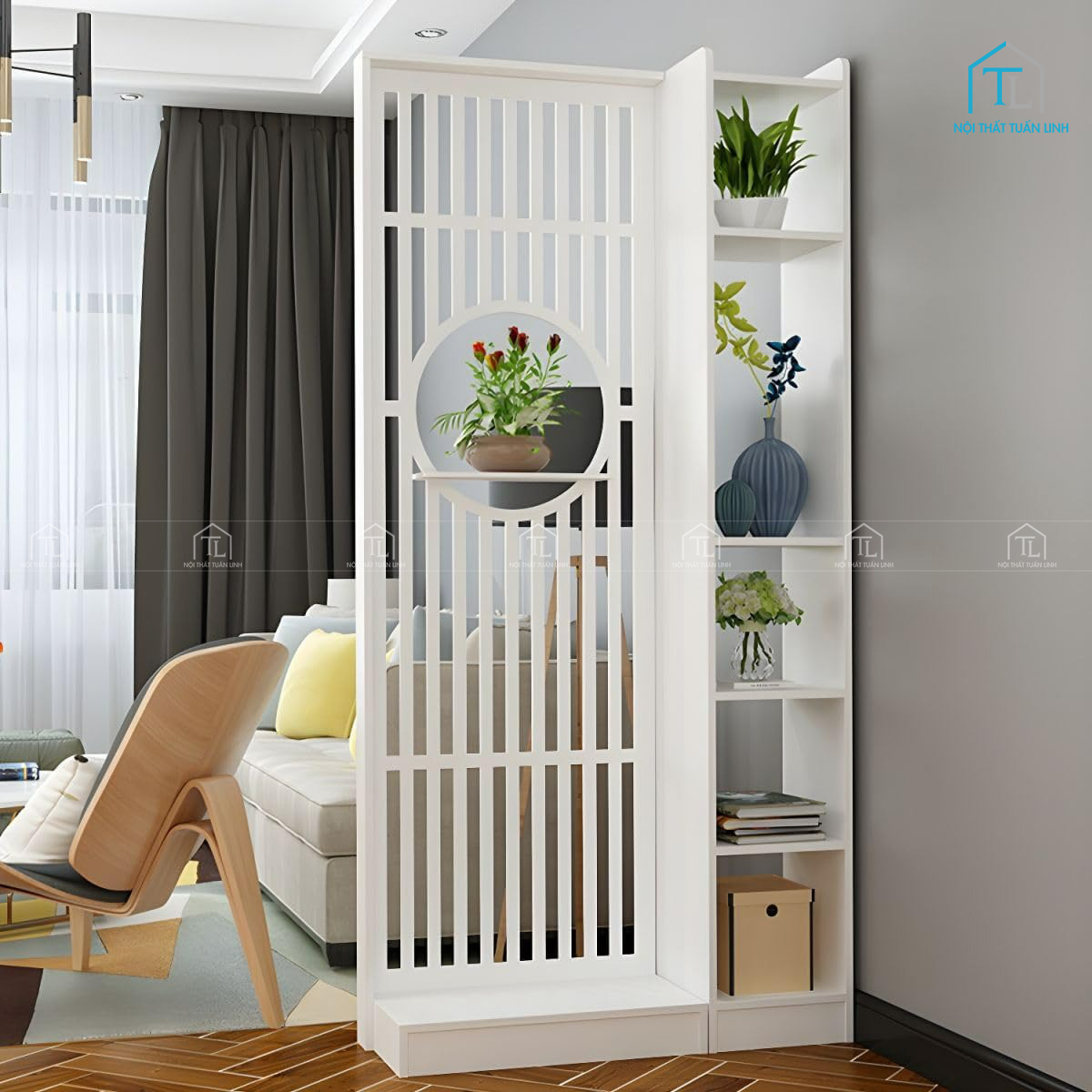 Vách ngăn gỗ trang trí màu trắng phong cách hiện đại, tinh tế