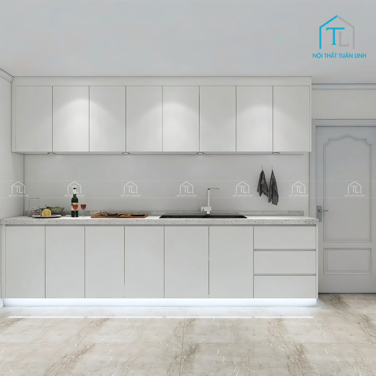 Tủ bếp MDF màu trắng phong cách hiện đại cao cấp