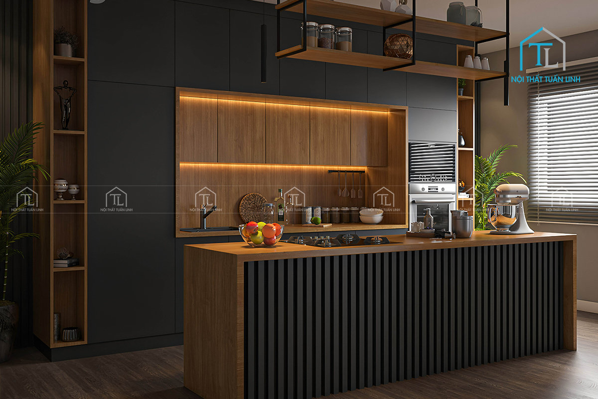 Tủ bếp MDF màu đen phối vân gỗ thiết kế hiện đại cao cấp