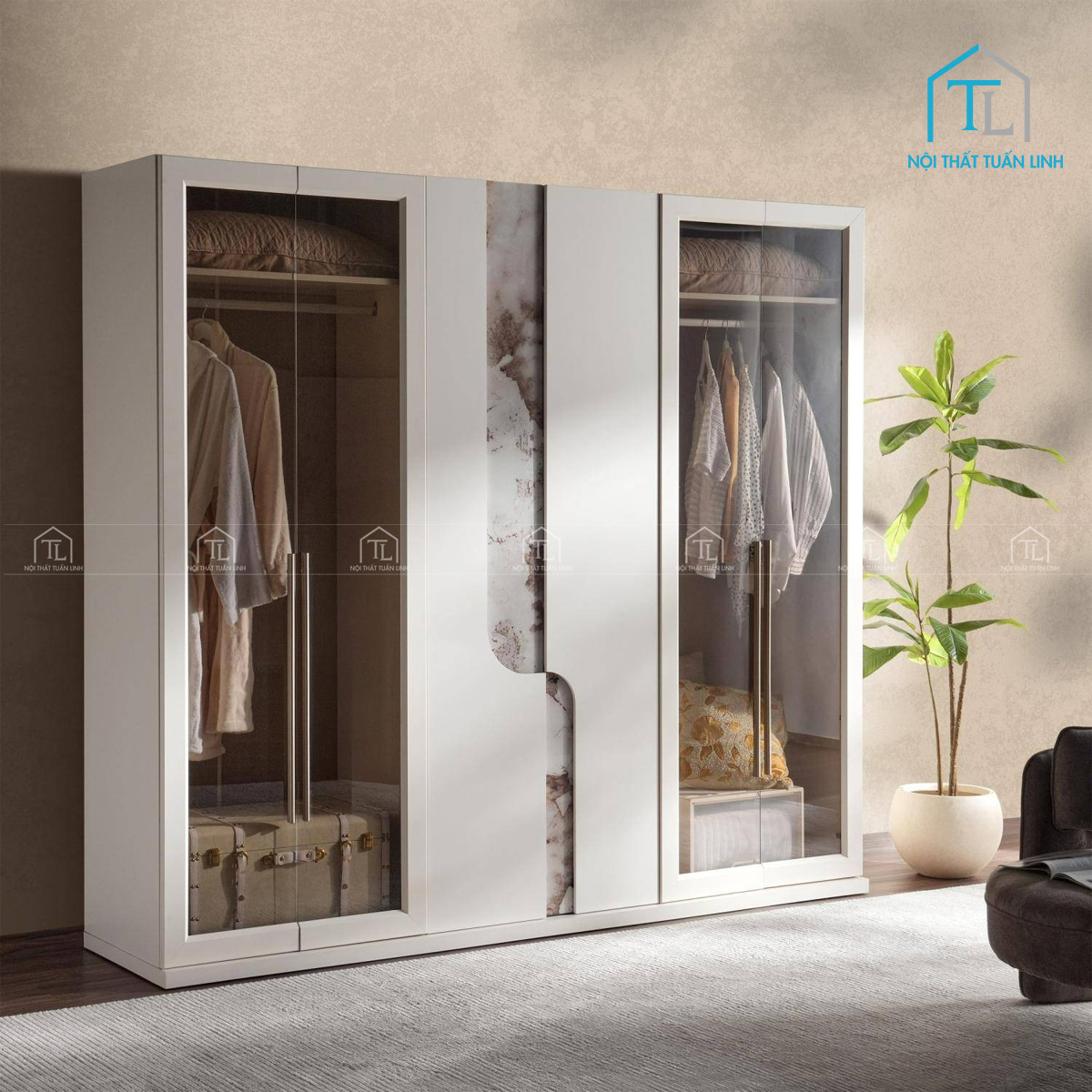 Tủ quần áo cách kính 6 cánh gỗ MDF màu trắng kem
